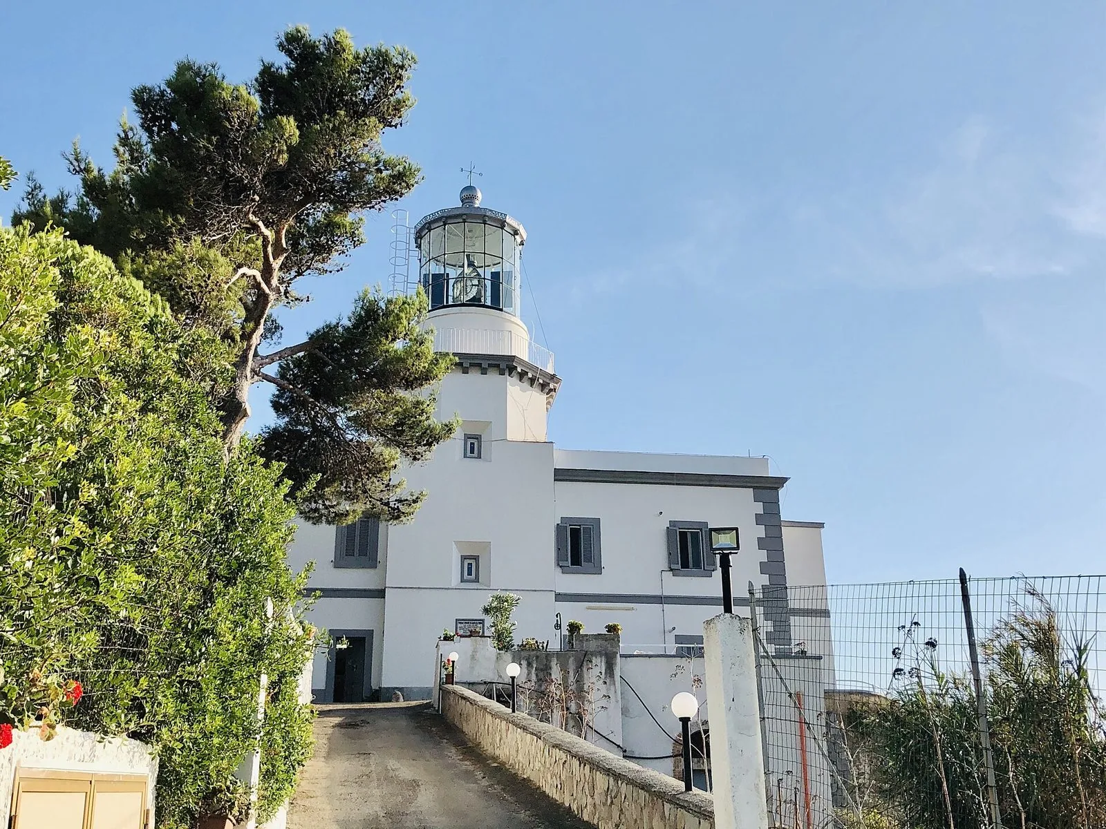 Il faro bianco di Capo Palinuro tra i pini, sotto un cielo azzurro
