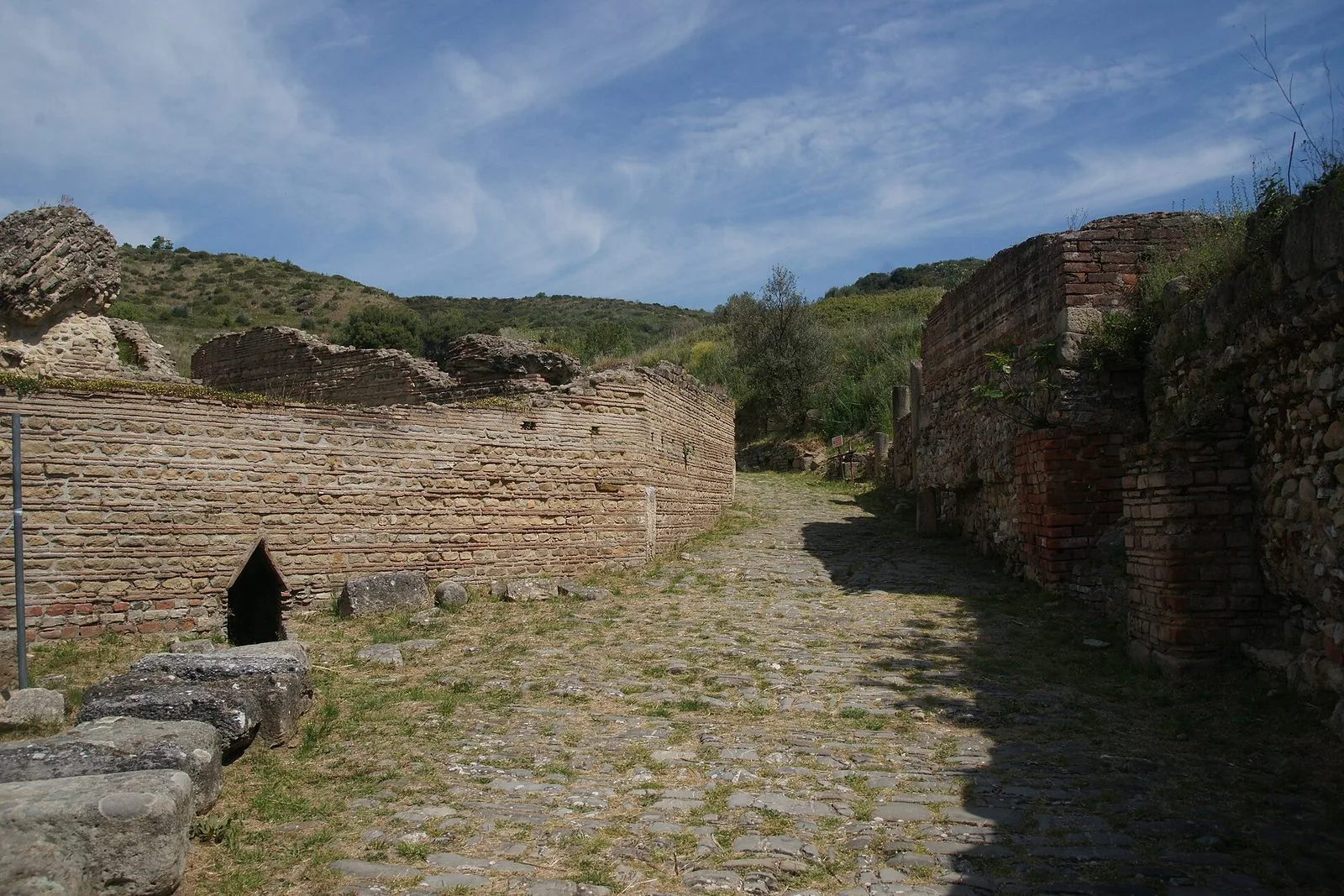 Strada antica lastricata in pietra tra muri in laterizio e pietrame negli scavi di Velia, con la collina verde sullo sfondo
